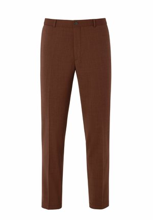 Braune maßgeschneiderte Hose aus strukturiertem Stoff, mit Knopfverschluss, Gürtelschlaufen und geradem Bein. Keine sichtbaren Muster oder Akzente.