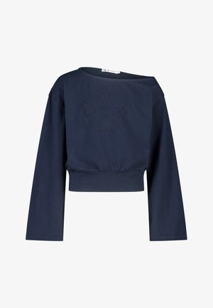 Marineblaues, langärmliges, kurzes Sweatshirt mit schulterfreiem Ausschnitt und erhabenem "NYC"-Schriftzug sowie Stern auf der Vorderseite.