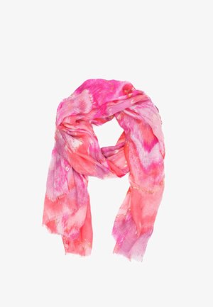 Sciarpa leggera in tonalità di rosa e corallo con un motivo floreale. I bordi sono leggermente sfilacciati, mostrando una consistenza morbida e ariosa.