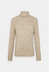 Beżowy sweter z golfem wykonany z miękkiej, teksturowanej tkaniny dzianinowej. Posiada długie rękawy i dopasowany krój. Prosty, prążkowany wzór.