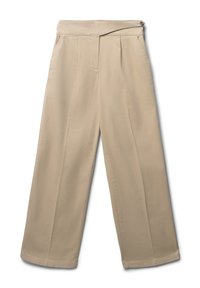 Beige weite Hose mit hoher Taille, Falten an der Vorderseite und glatter Textur. Mit einem einzelnen Knopfverschluss und seitlichen Taschen.