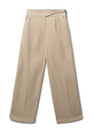 Pantalons beige à jambes larges avec une taille haute, des plis à l'avant et une texture lisse. Présente une fermeture à bouton unique et des poches latérales.