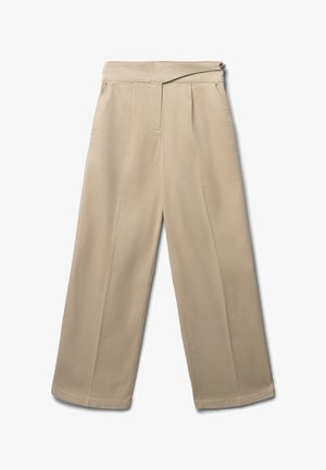Pantalons beige à jambes larges avec une taille haute, des plis à l'avant et une texture lisse. Présente une fermeture à bouton unique et des poches latérales.