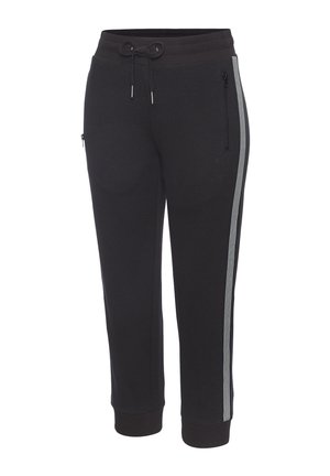 Schwarze Jogginghosen mit elastischem Bund und Kordelzug, seitlichen Reißverschlusstaschen und weißen vertikalen Streifen an den Außenseiten der Beine.