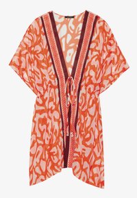 Kimono arancione e rosa con motivo, maniche corte. Presenta un collo a V e una cintura con lacci, realizzato in tessuto leggero e trasparente.