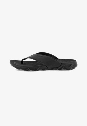 Black flip-flop with a rubber sole, textured footbed, and two thin straps. The design features a molded side for support and grip.