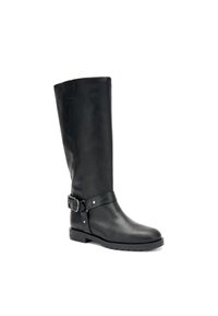 Botas de cuero negro hasta la rodilla con un acento de hebilla, textura suave, punta redondeada y suela de goma texturizada y baja.