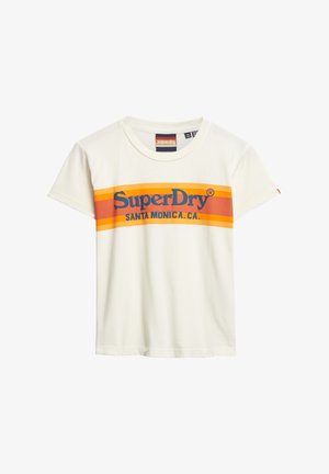 White cotton t-shirt with short sleeves, featuring a red and orange striped design and "SuperDry SANTA MONICA, CA" print in blue on the front.