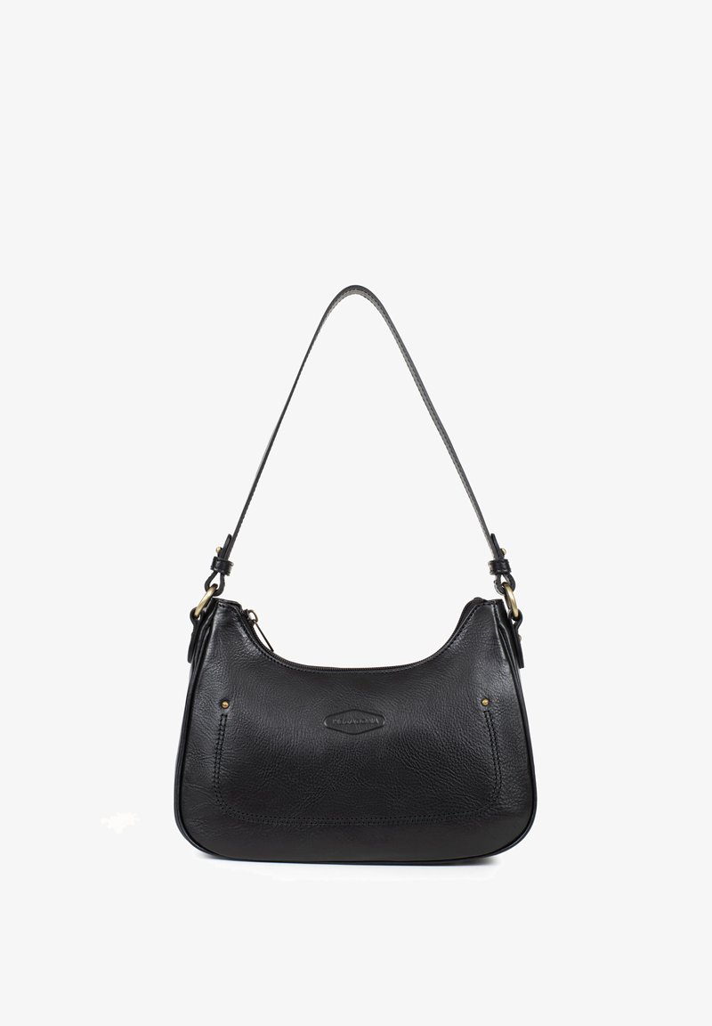 Sac à épaule en cuir noir avec une forme arrondie, une bandoulière plate réglable et des détails de couture simples. Présente un logo sur le devant.