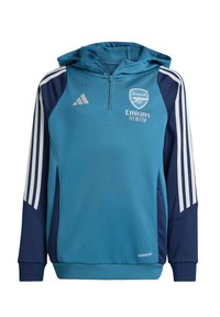 Teal hoodie met marineblauwe accenten, halve rits en een capuchon. Voorzien van witte Adidas drie-strepen op de mouwen en het Arsenal-logo op de borst.