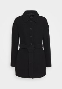 Manteau en laine noire avec un col à revers, fermeture à boutons et taille ceinturée. Comprend des manches longues et une coupe classique et structurée.