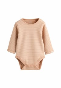 Langärmliger Baby-Body mit Pfirsichstreifen, aus weichem Stoff gefertigt, mit rundem Ausschnitt und Druckknopfverschluss am Boden für ein einfaches Ankleiden.