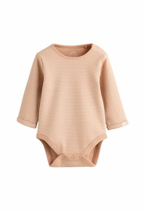 Lange mouw perzikgestreepte baby romper, gemaakt van zachte stof, heeft een ronde halslijn en drukknoopsluiting aan de onderkant voor gemakkelijk aankleden.