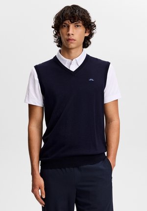 Ung mand med krøllet hår iført en mørkeblå ærmeløs sweater over en hvid kortærmet skjorte med krave, stående foran en ensfarvet baggrund.