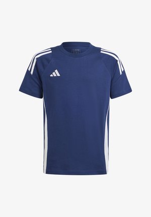 Majica kratkih rukava tamnoplave boje za sport s bijelim bočnim trakama, okruglim izrezom i rebrastom teksturom. Ima Adidas logotip na prsima.