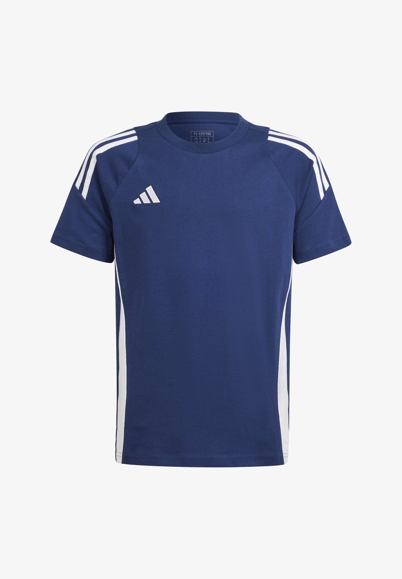 Navy blue short-sleeve athletic shirt with white side stripes, round neck, and ribbed texture. Features an Adidas logo on the chest.