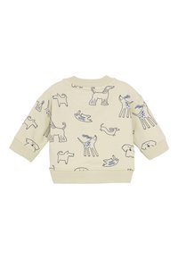 Cremfarbener Sweatshirt für Kleinkinder mit blauen und schwarzen Hundillustrationen und gerippten Bündchen und Saum.
