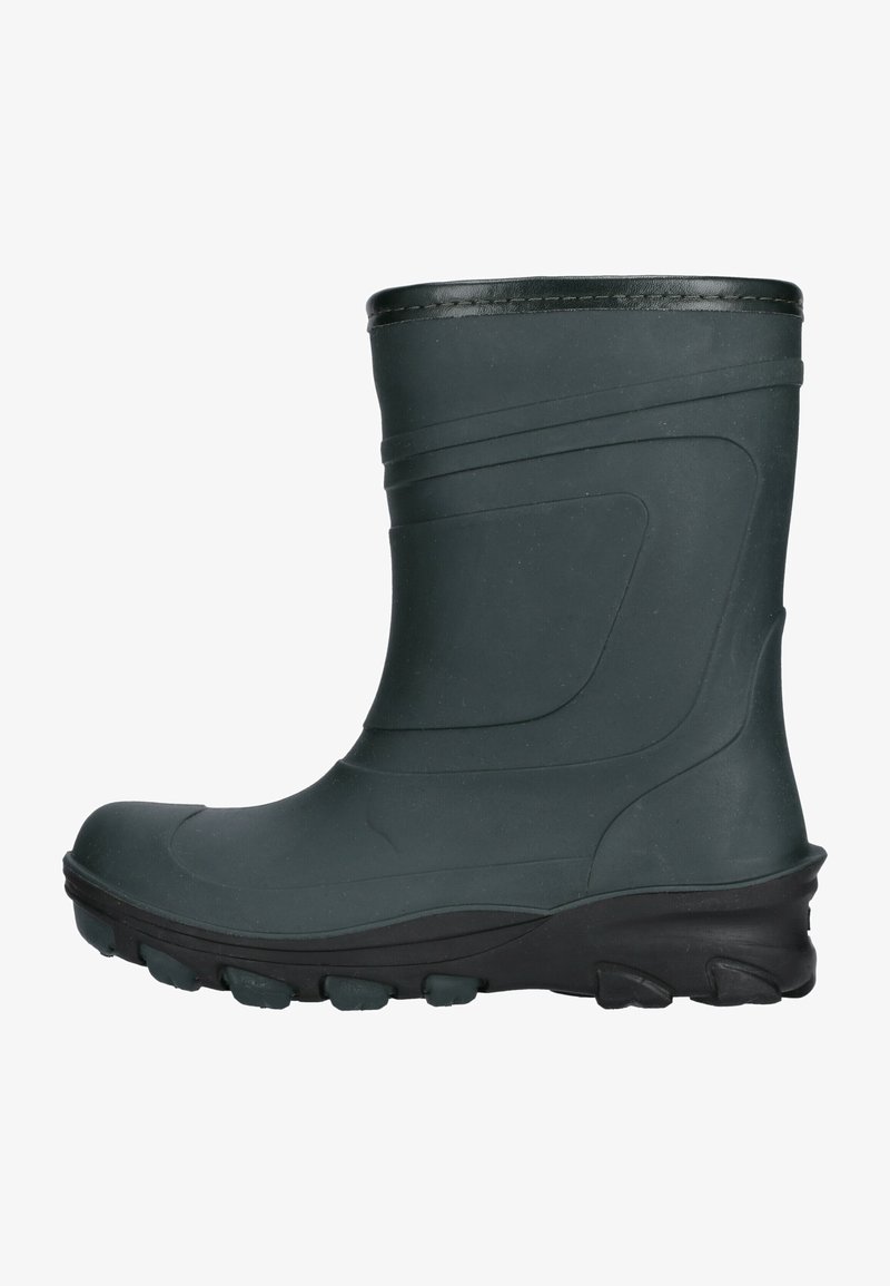 Botte en caoutchouc vert foncé avec une finition lisse, bout arrondi, poignées texturées sur les côtés et semelle noire avec des crampons multidirectionnels.