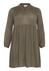Robe vert olive à manches longues, décolleté en V, corsage plissé et pois noirs sur un tissu doux. Détail de col volants.