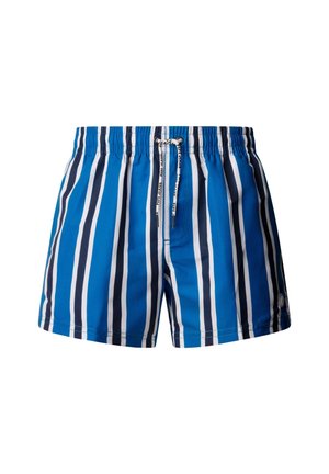 Costume da bagno blu con righe verticali bianche e blu scuro, vita elastica e coulisse con estremità brandizzate.