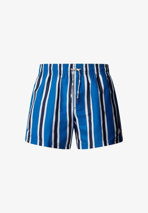 Costume da bagno blu con righe verticali bianche e blu scuro, vita elastica e coulisse con estremità brandizzate.