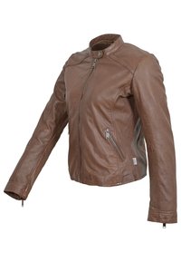 Brązowa skórzana kurtka o dopasowanym fasonie, z zamkiem błyskawicznym z przodu i kieszeniami po bokach. Posiada okrągły kołnierz i gładką fakturę.