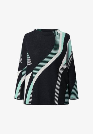 Maglione nero a maniche lunghe con strisce curve astratte in turchese chiaro, bianco e nero, caratterizzato da un collo rotondo alto.