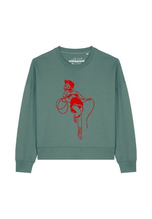 Grüner Sweatshirt mit Rundhalsausschnitt und gerippten Manschetten, das eine rote grafische Illustration einer Person mit einem Lasso zeigt. Weicher Stoff, lässiges Design.