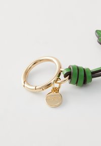 Złoty metalowy breloczek z zieloną i czarną skórzaną taśmą. Posiada okrągłą, grawerowaną zawieszkę przymocowaną do łańcuszka. Gładka tekstura.