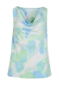 Top senza maniche in tessuto leggero, caratterizzato da un collo a scialle. Design in morbide fantasie verde e blu simili a acquarello su uno sfondo bianco.