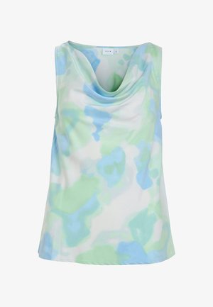 Top senza maniche in tessuto leggero, caratterizzato da un collo a scialle. Design in morbide fantasie verde e blu simili a acquarello su uno sfondo bianco.