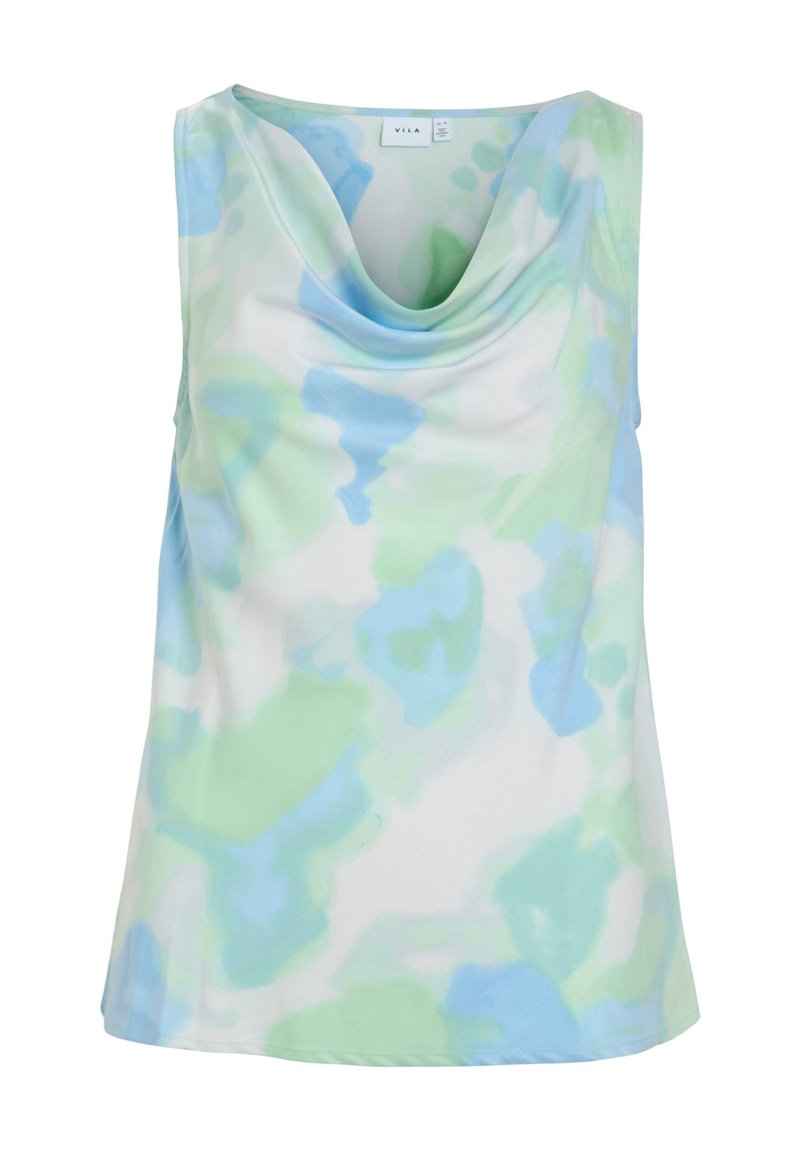 Top senza maniche in tessuto leggero, caratterizzato da un collo a scialle. Design in morbide fantasie verde e blu simili a acquarello su uno sfondo bianco.
