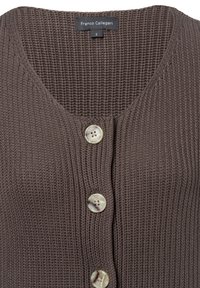 Bruine gebreide cardigan met een v-hals, drie grote knopen en een gestructureerd patroon. Etiket zegt "Franco Callegari," maat small.