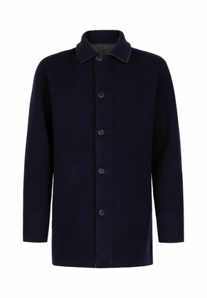 Dunkelmarineblauer, einreihiger Wollmantel mit fünf Knöpfen, klassischem Kragen, langen Ärmeln und zwei vorderen Taschen.