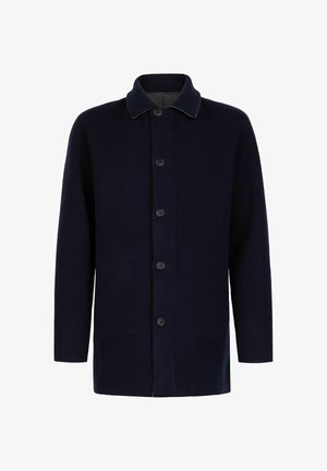 Dunkelmarineblauer, einreihiger Wollmantel mit fünf Knöpfen, klassischem Kragen, langen Ärmeln und zwei vorderen Taschen.