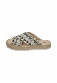 Woven fabric slip-on sandals with a cross strap design in a neutral color palette, featuring a textured rubber sole and a jute-style midsole.