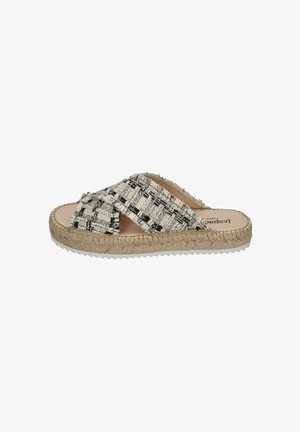 Woven fabric slip-on sandals with a cross strap design in a neutral color palette, featuring a textured rubber sole and a jute-style midsole.