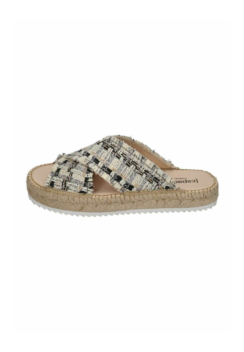 Woven fabric slip-on sandals with a cross strap design in a neutral color palette, featuring a textured rubber sole and a jute-style midsole.
