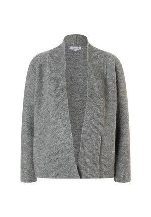 Grauer, offen gestalteter Strickcardigan mit langen Ärmeln sowie geripptem Kragen und Bündchen, auf einem weißen Hintergrund präsentiert.