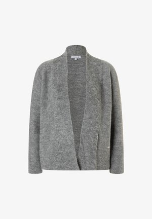 Grijze open voor gebreide cardigan met lange mouwen en ribbelboord bij de kraag en cuffs, weergegeven op een witte achtergrond.