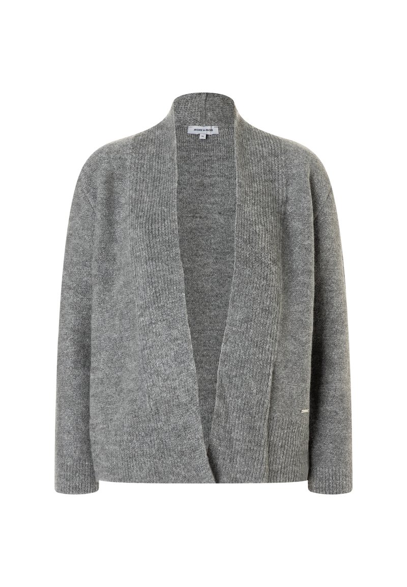 Grauer, offen gestalteter Strickcardigan mit langen Ärmeln sowie geripptem Kragen und Bündchen, auf einem weißen Hintergrund präsentiert.