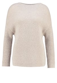 Helle beigefarbene Sweater aus einem flauschigen Material. Hat einen weit ausgeschnittenen Halsausschnitt, lange Ärmel und eine lässig sitzende, kastige Form.
