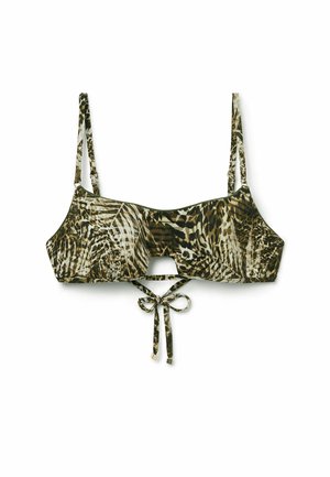 Bikini top in a green and beige animal print. Features thin adjustable straps, a front cutout, and a tied back closure.