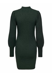 Robe en maille côtelée vert foncé avec longues manches ballon, coupe ajustée, col montant et longueur genoux, vue de dos.