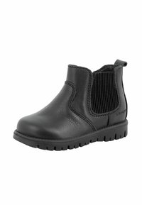 Stivaletto Chelsea in pelle nera con pannelli laterali elastici a coste, punta tonda, suola texturizzata e linguetta per una facile calzata.