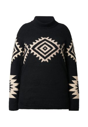 Pull en maille noir avec col haut, présentant des motifs géométriques crème et des motifs en zigzag sur les manches et le corps.