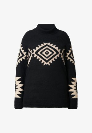 Schwarzer Strickpullover mit hohem Stehkragen, der cremefarbene geometrische Muster und Zickzack-Designs an den Ärmeln und dem Körper aufweist.