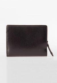 Brown leather wallet with a smooth texture, rectangular shape, and a pull tab on the side; features clean stitching along the edges.