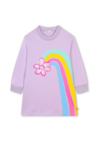 Robe lilas à manches longues ornée d'un motif de fleurs et d'un arc-en-ciel multicolore, avec des accents roses, bleus, jaunes et verts. Tissu texturé.