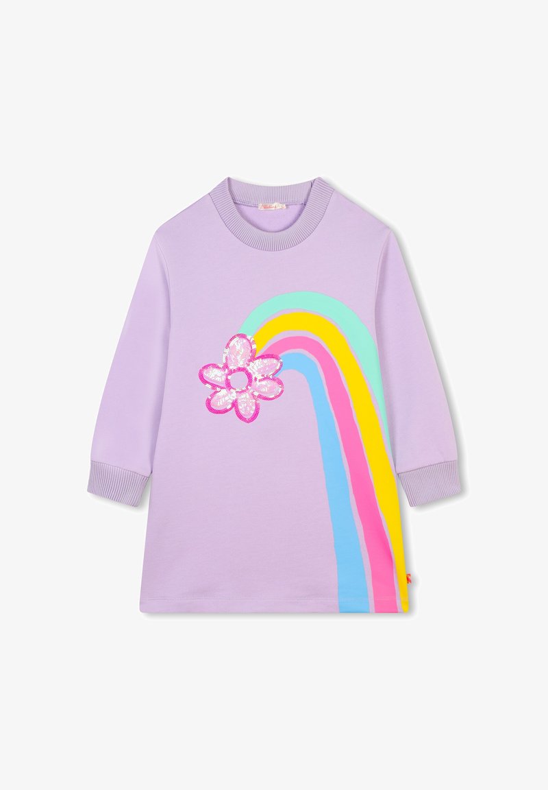 Robe lilas à manches longues ornée d'un motif de fleurs et d'un arc-en-ciel multicolore, avec des accents roses, bleus, jaunes et verts. Tissu texturé.